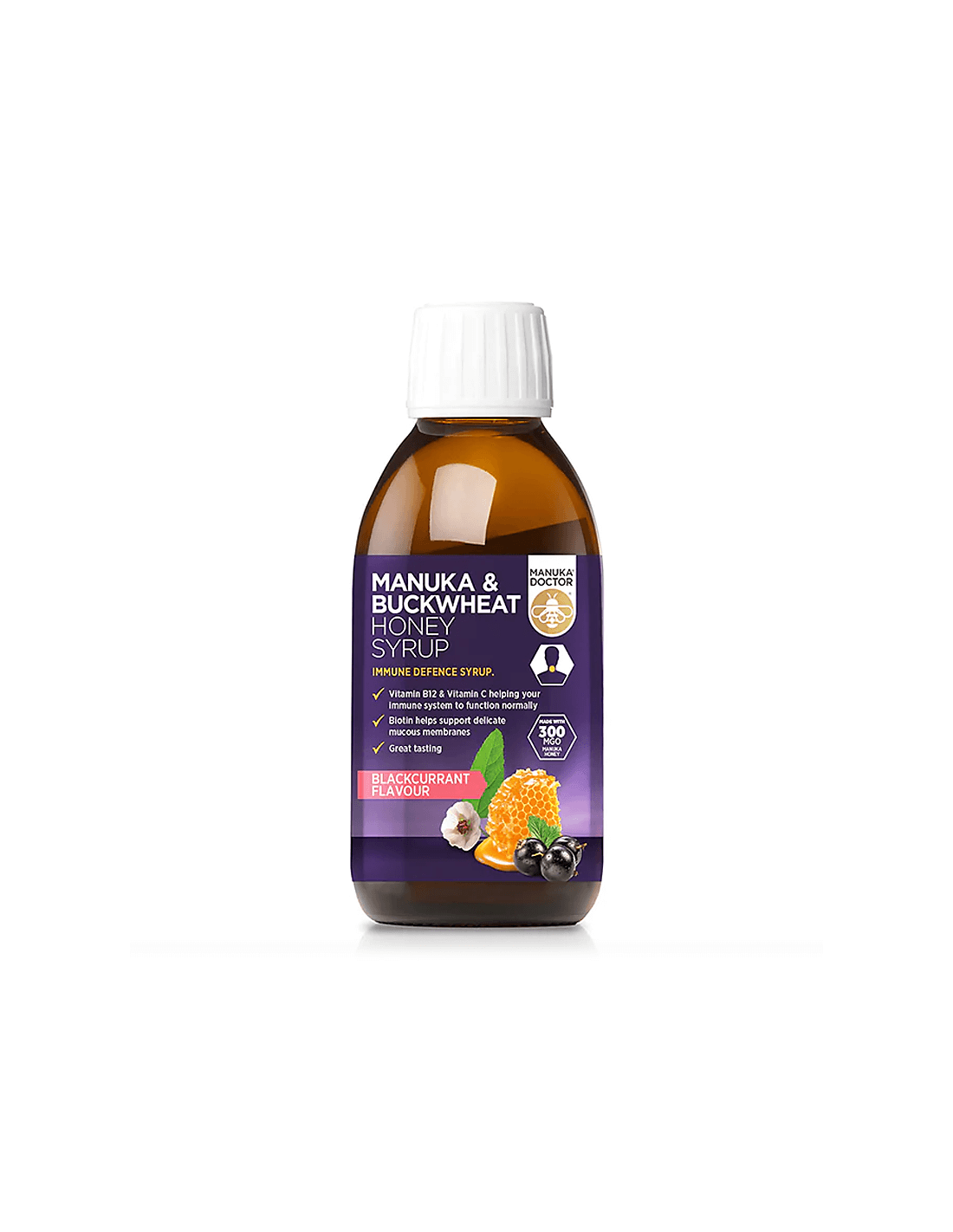 Imunost - sirup z medom Manuka (300 mgO) in ajdo, 200 ml sirupa, okus črnega ribeza