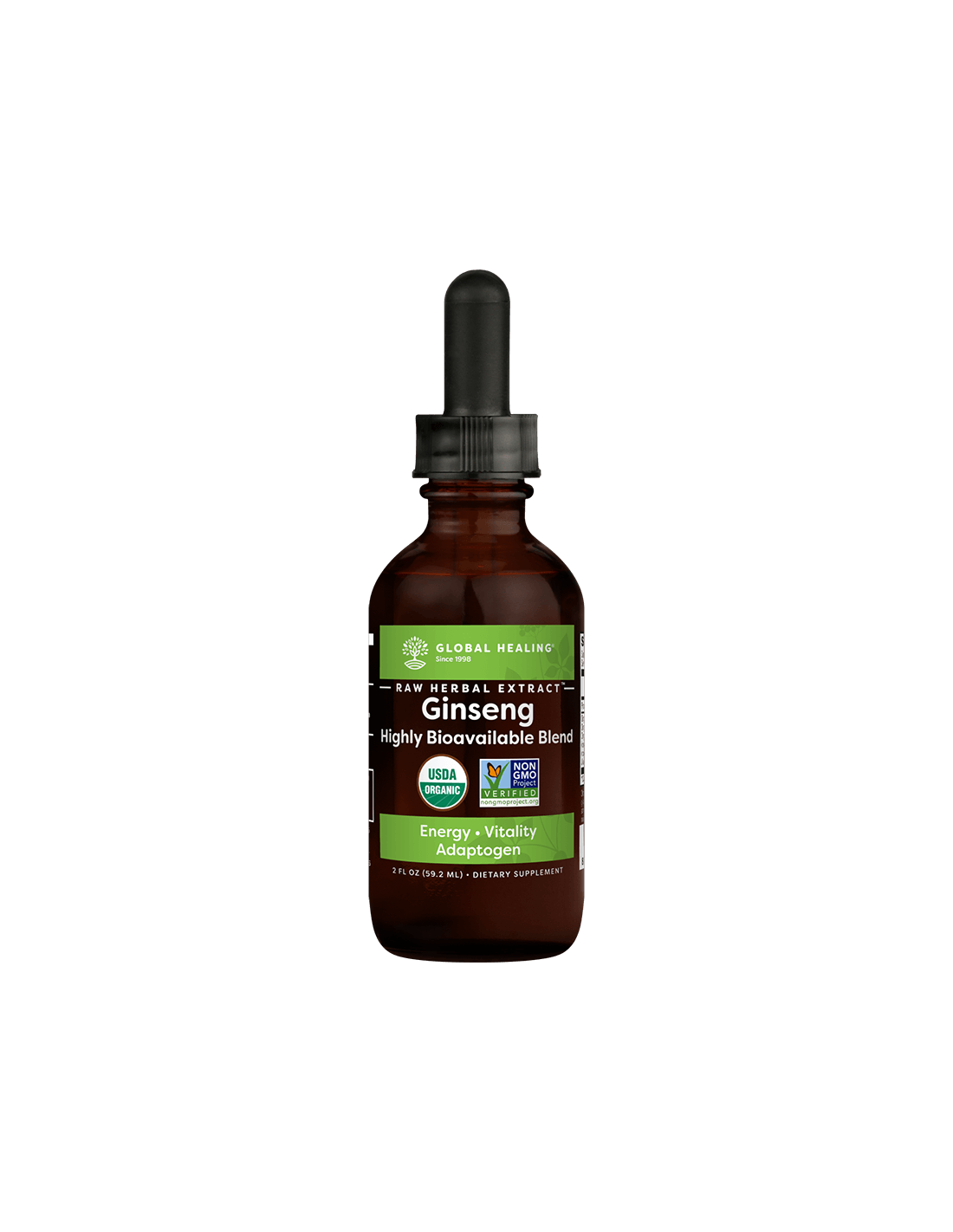 Energizirajoča zeliščna mešanica proti stresu in utrujenosti - s korejskim in sibirskim Ginsengom, Ashwagandha in Macami, 59,2 ml Global Healing