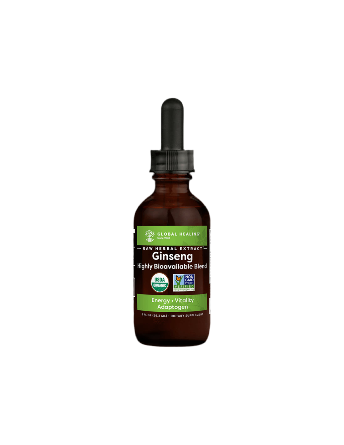Energizirajoča zeliščna mešanica proti stresu in utrujenosti - s korejskim in sibirskim Ginsengom, Ashwagandha in Macami, 59,2 ml Global Healing