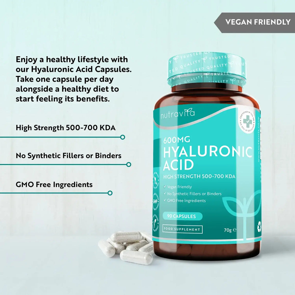 Hyaluronic Acid 600 mg / hialuronska kislina 600 mg /90 kapsul, 90 dni/ <tc>Nutravita</tc>