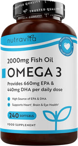 Omega 3 2000 mg /EPA 660 mg, DHA 440 mg/ Čisto ribje olje /240 kapsul, 120 odmerkov/ <tc>Nutravita</tc>