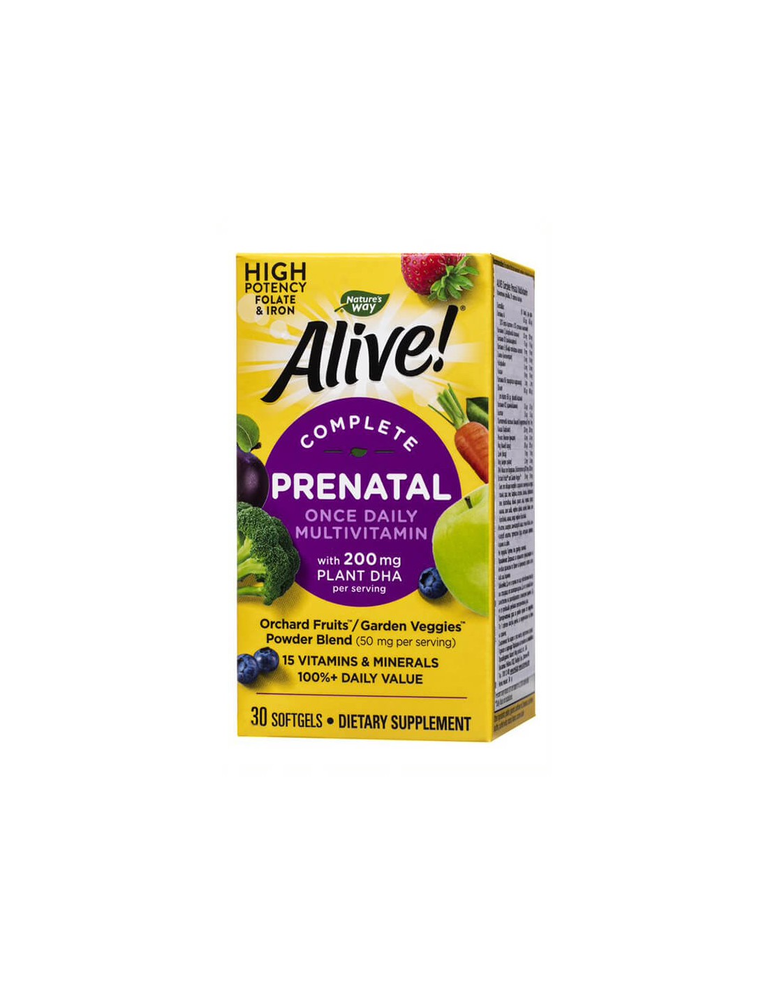 <tc>Alive</tc>! Popoln prenatalni multivitamin <tc>Alive</tc>! - Multivitamini za nosečnice in doječe matere (z rastlinsko DHA), 30 mehkih kapsul Nature's Way