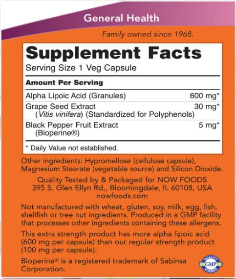 Alpha lipojska kislina 600 mg / dodatna trdnost - 120 kapsul