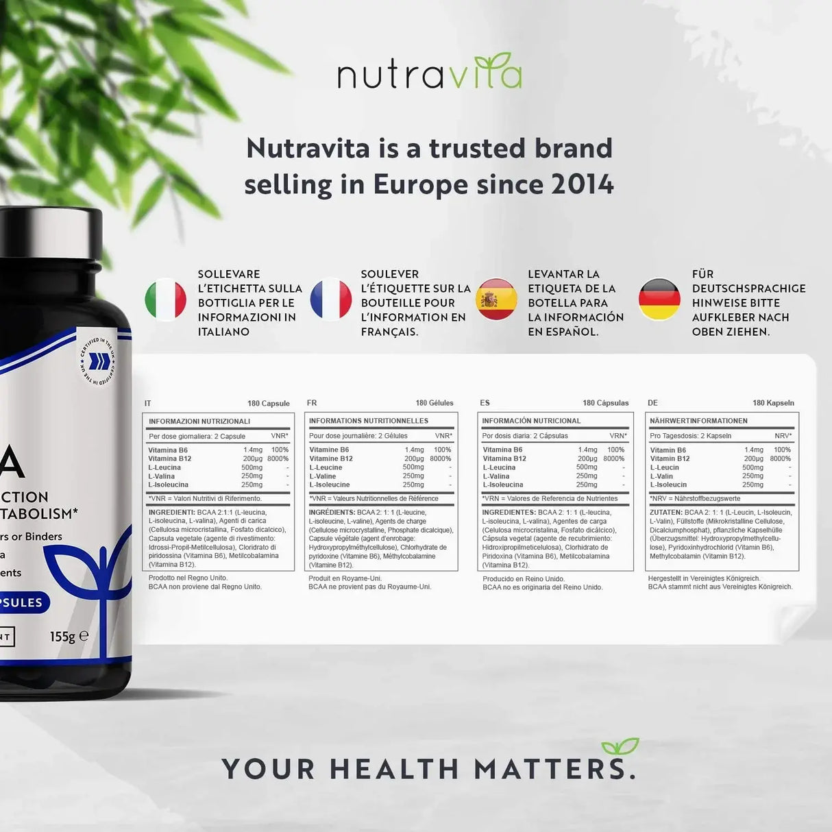 BCAA (2:1:1) z vitaminoma B6 in B12 - 180 Vcaps. <tc>Nutravita</tc>