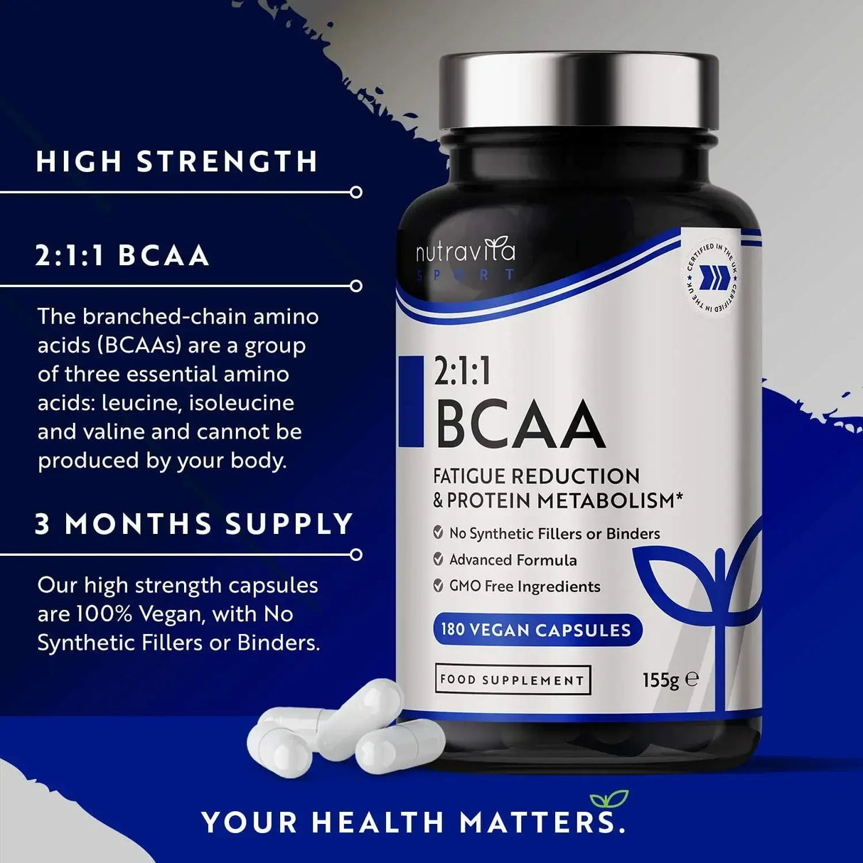 BCAA (2:1:1) z vitaminoma B6 in B12 - 180 Vcaps. <tc>Nutravita</tc>