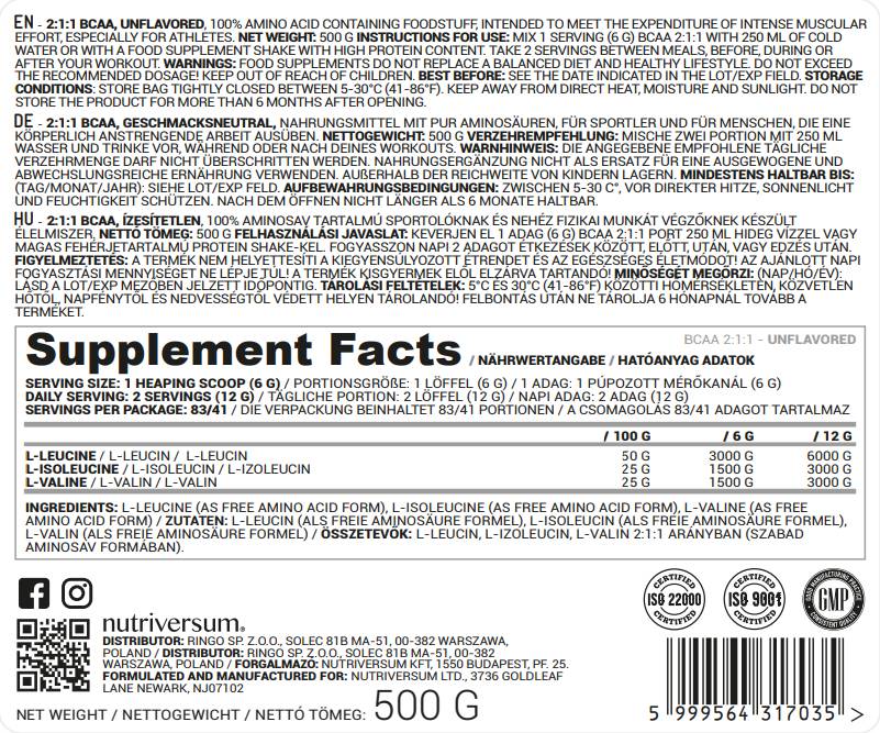 BCAA 2: 1: 1 prah - 500 gramov