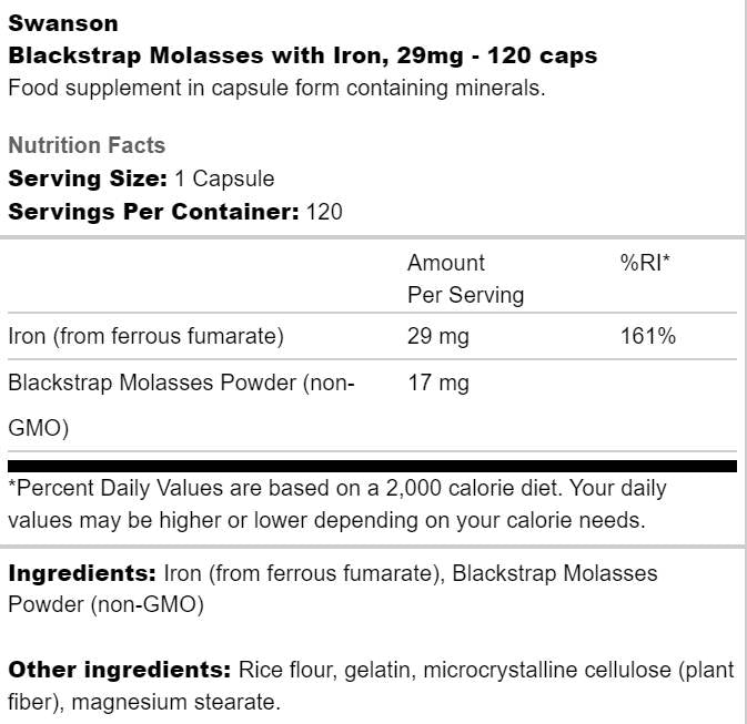 BlackStrap melasa z železom 29 mg 120 kapsul