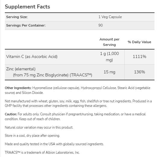 C-1000 cinkove imunske | Vitamin C + cink bisglicinat - 180 kapsul