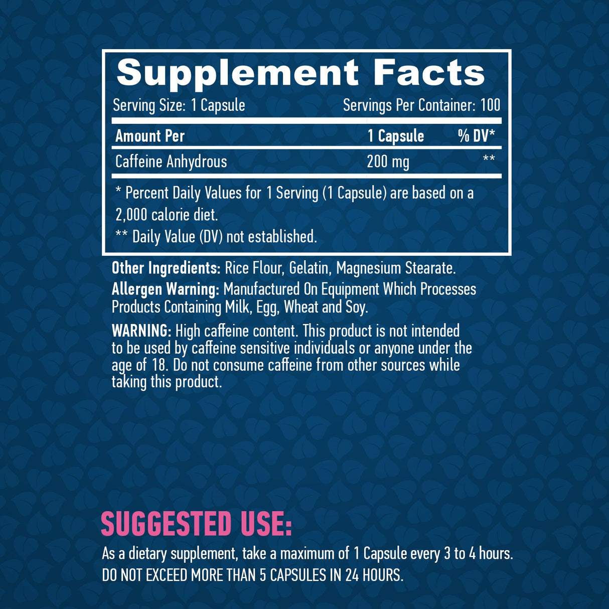 Kofein 200 mg / 100 kape.