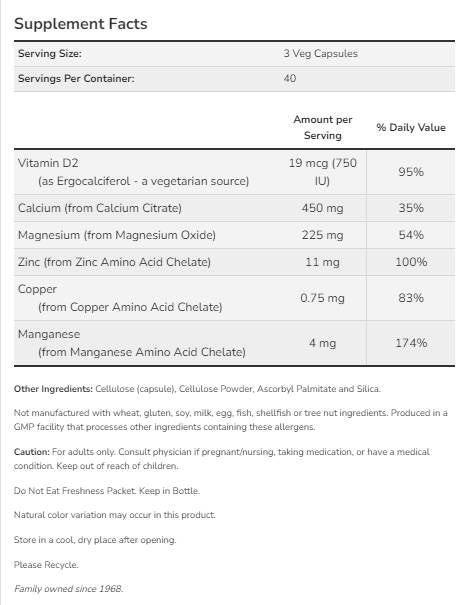 Kapice kalcijeve citrate | + Magnezij, vitamin D, cink, baker, mangan - 120 kapsul