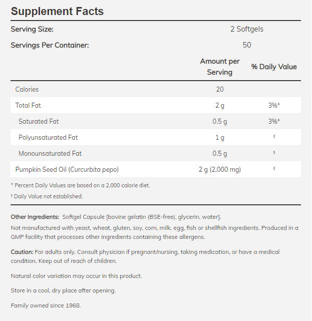 Olje buče semena 1000 mg - 200 gel kapsul