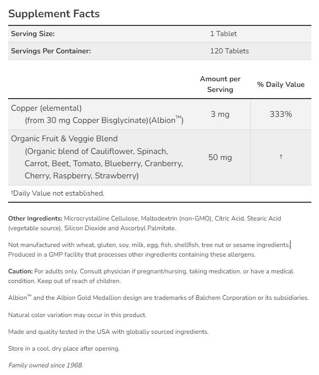 Baker glicinat 3 mg | Albion ™ bakreni bisglicinat - 120 tablet