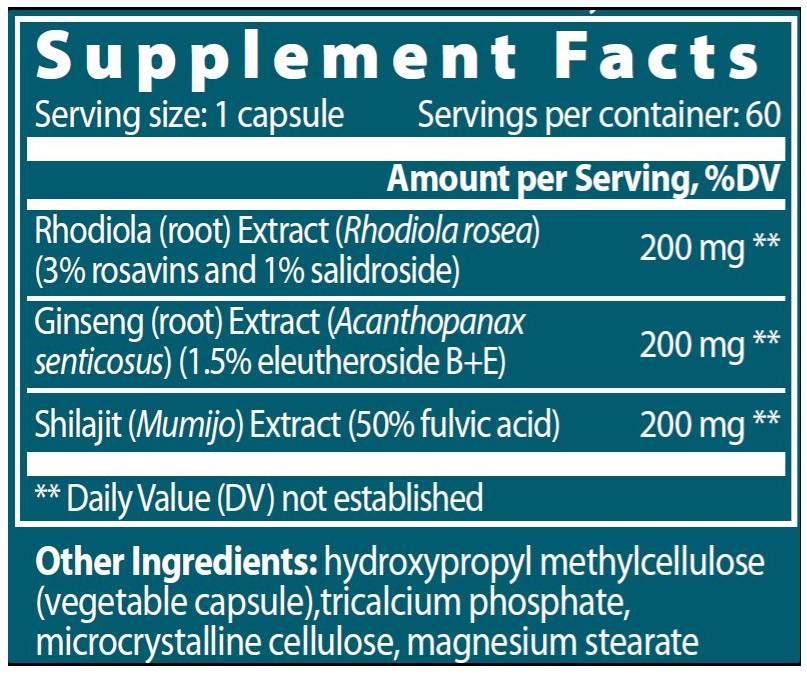 Vzhodni Adaptogen | Rhodiola + ginseng + shilajit - 60 kapsul