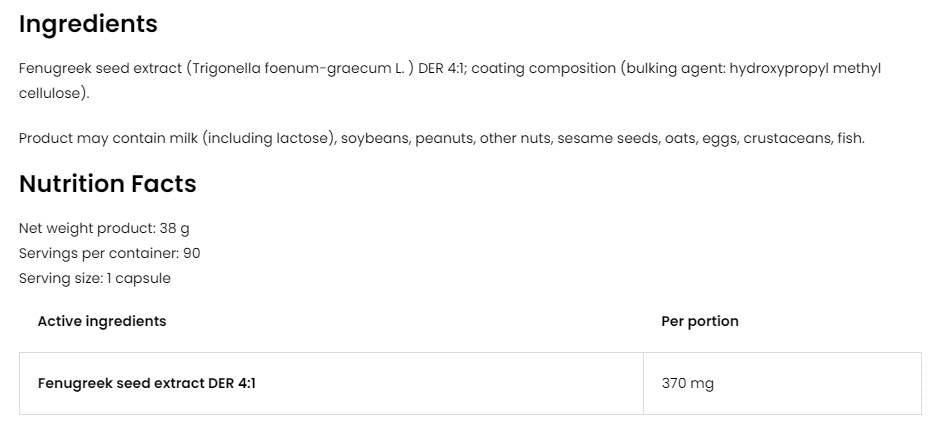 Fenugreek 370 mg | 4: 1 semena ekstrakt 90 kapsul