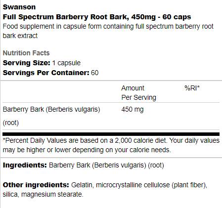Celoten spekter Barberry koreninsko lubje 450 mg 60 kapsul