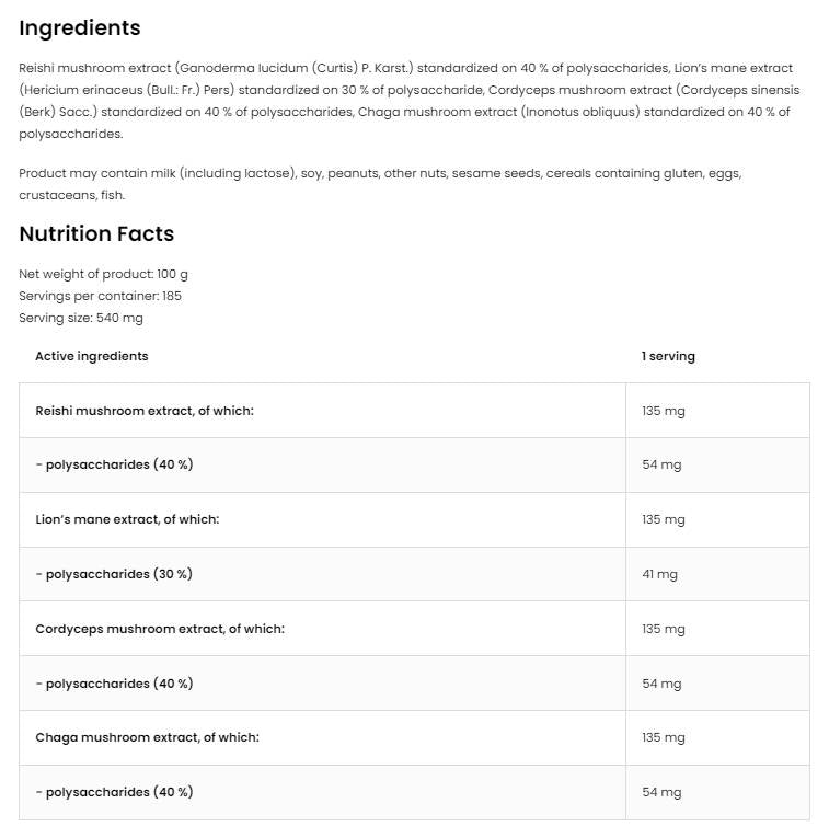 Quatro gobalna mešanica praška | Lion's Mane ~ reishi ~ cordyceps ~ chaga 100 gramov