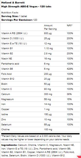 Visoka trdnost ABC -Z Vegan - 120 tablet