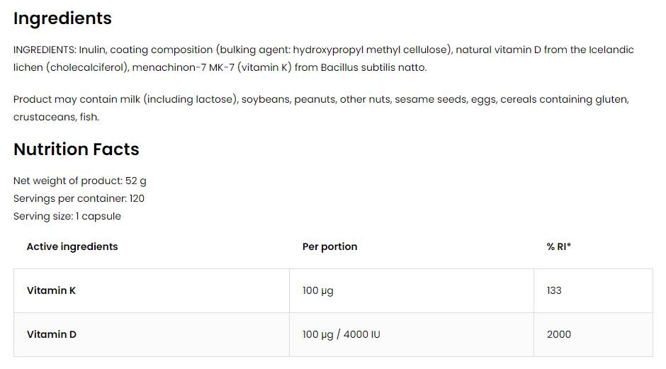 Vitamin D3 4000 + K2 | Vege Caps 120 kapsul