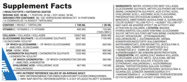 Skupna tekočina za zaščito | Kolagen, MSM, glukozamin, hondroitin, hialuronska kislina - 500 ml