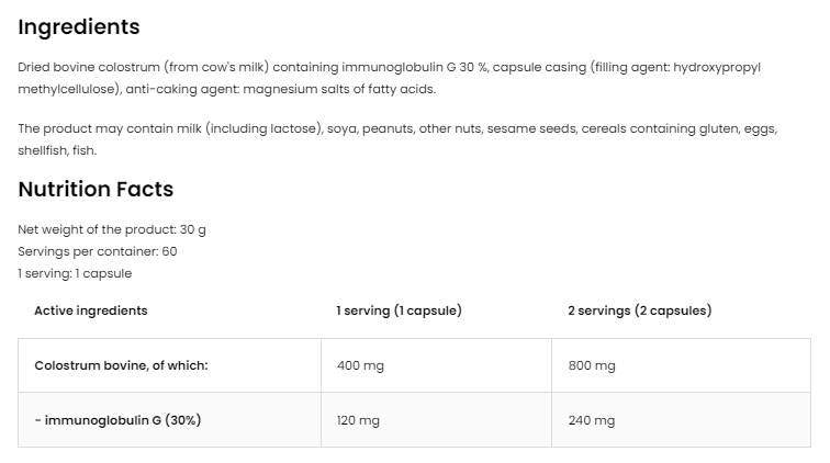 Kolostrum govedi 400 mg | 30% imunoglobulina G 60 kapsul