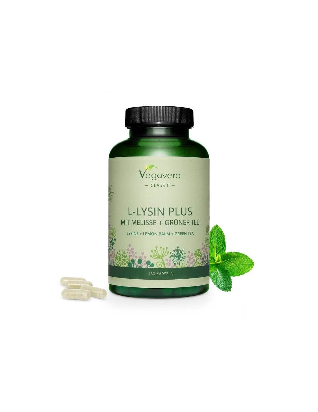 L-lysin plus mit melisse + grünter tee/ L-lysin + melisa in zeleni čaj, 180 kapsul, 100% vegansko <tc>Vegavero</tc>