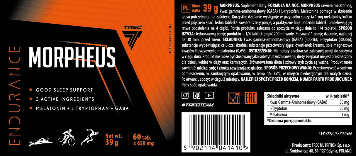 Morpheus vzdržljivost | Lahko nočna podpora z melatoninom, L -triptofan in GABA - 60 tablet