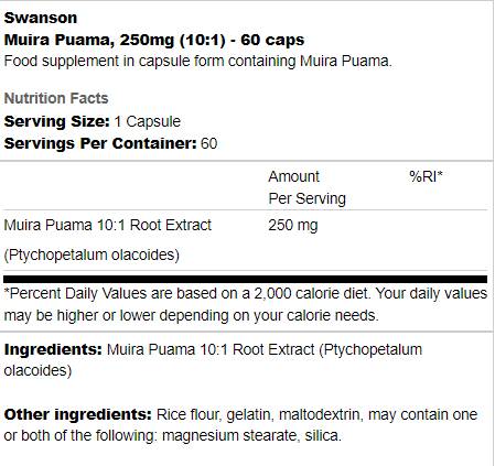 Muira puma 250 mg | 10: 1 ekstrakt 60 kapsul