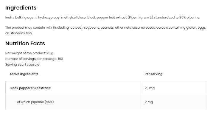 Piperin 95 Vege | 2 mg 180 kapsul