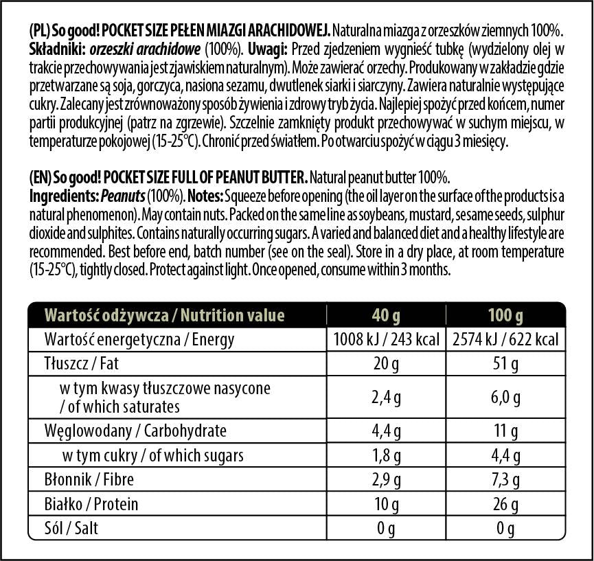 Velikost žepa / polna paste arašidovega masla / gladkih 40 gramov
