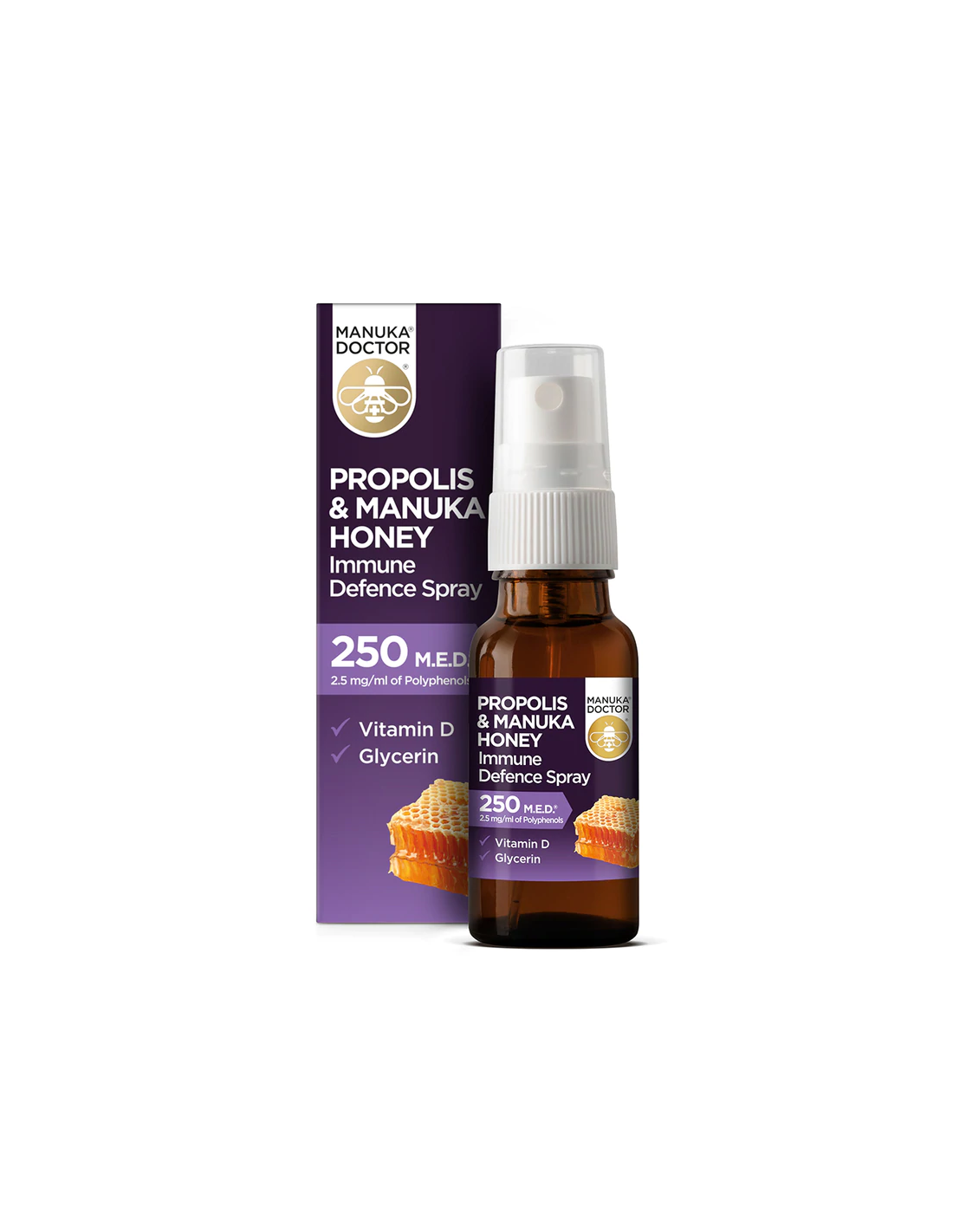 Propolis & Manuka medena imunska obrambna razpršila 250 med/ grlo razpršilo s propolisom (250 med), med Manuka in vitaminom D3, 20 ml