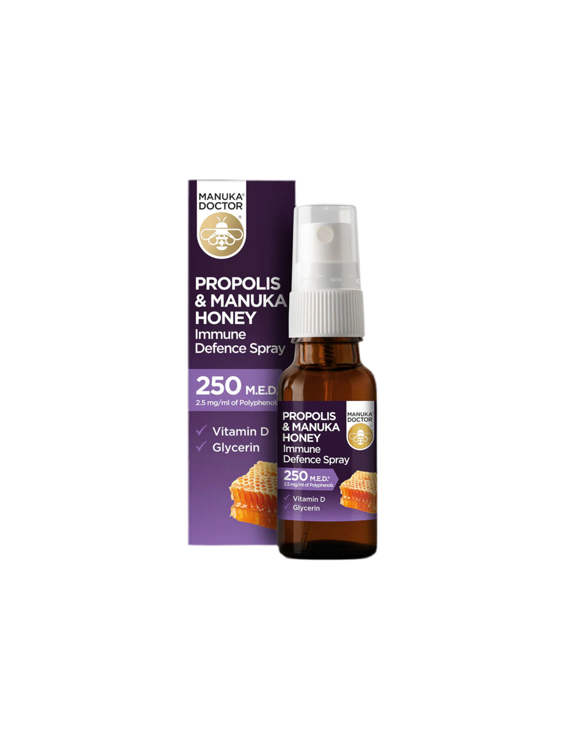 Propolis & Manuka medena imunska obrambna razpršila 250 med/ grlo razpršilo s propolisom (250 med), med Manuka in vitaminom D3, 20 ml