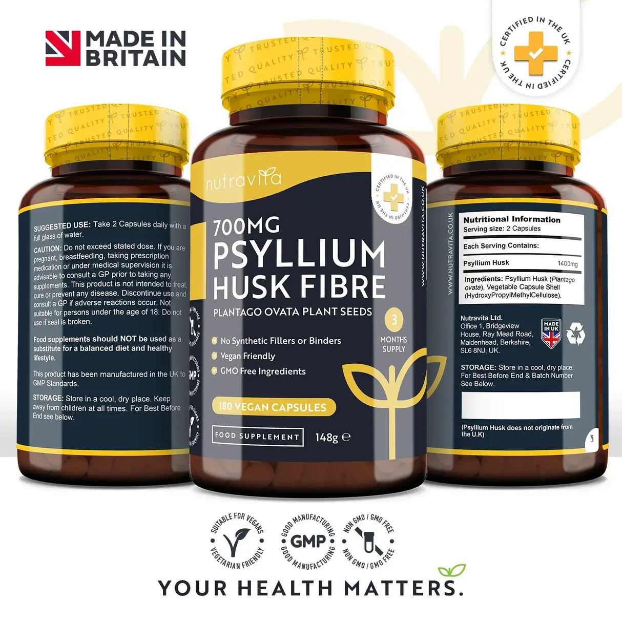 Psyllium Husk Fiber 700 mg 180 V caps <tc>Nutravita</tc>
