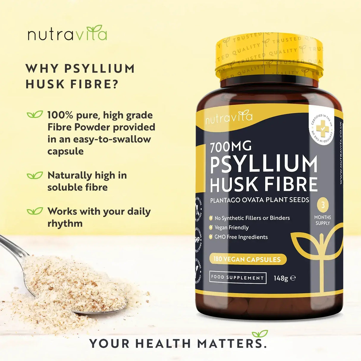 Psyllium Husk Fiber 700 mg 180 V caps <tc>Nutravita</tc>