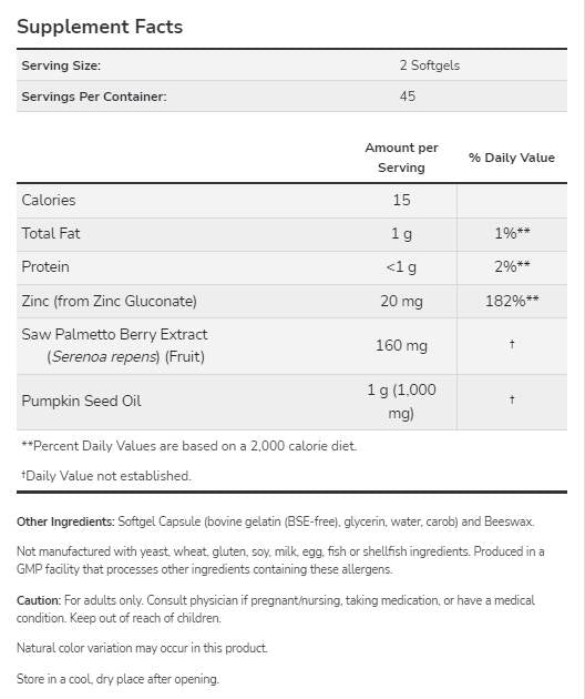 Saw Palmetto Extract | z oljem buče in cinkom - 90 gel kapsul