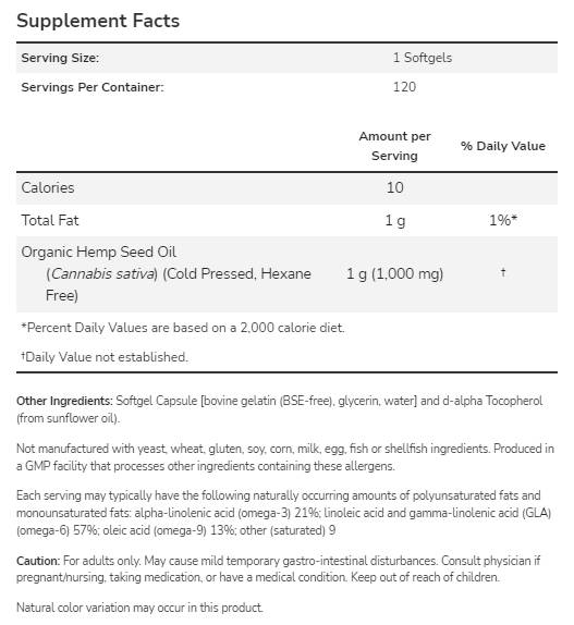 Konopljino semensko olje 1000 mg - 120 softgelov