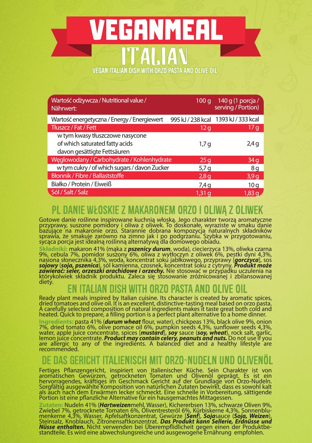 Veganska italijanka | Pripravljen za jesti z visoko beljakovinskimi obroki-280 gramov