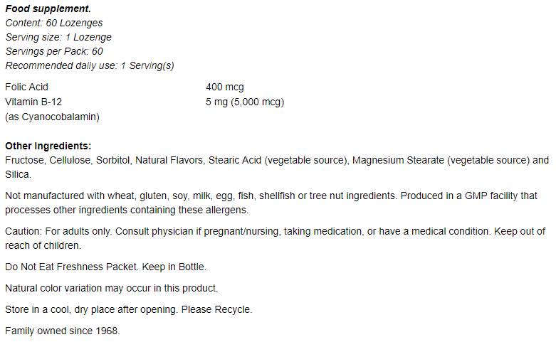 Vitamin B -12 5000 mcg s folno kislino - 60 podjezičnih tablet