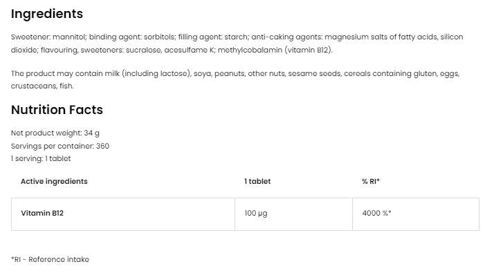 Vitamin B12 metilkobalamin | Pastili 360 podjezičnih tablet