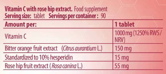 Vitamin C 1000 / z boki z vrtnicami in grenko pomarančo - 90 tablet