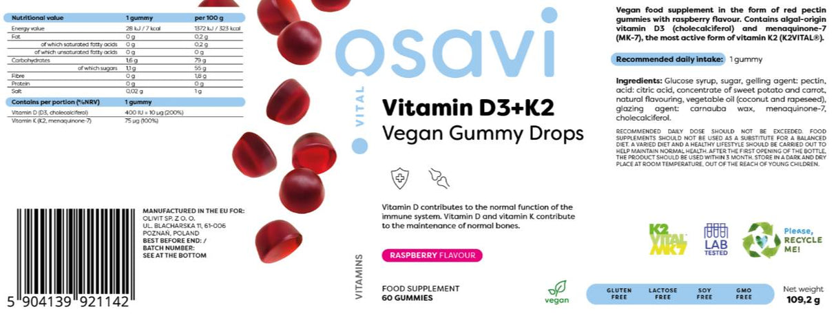 Vitamin D3 400 IU + K2 75 mcg | Veganske žvečilne kapljice - 60 bombonov