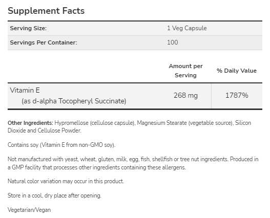 Vitamin E-400 D-Alpha Tocopheryl | Vegetarijansko suho - 100 kapsul