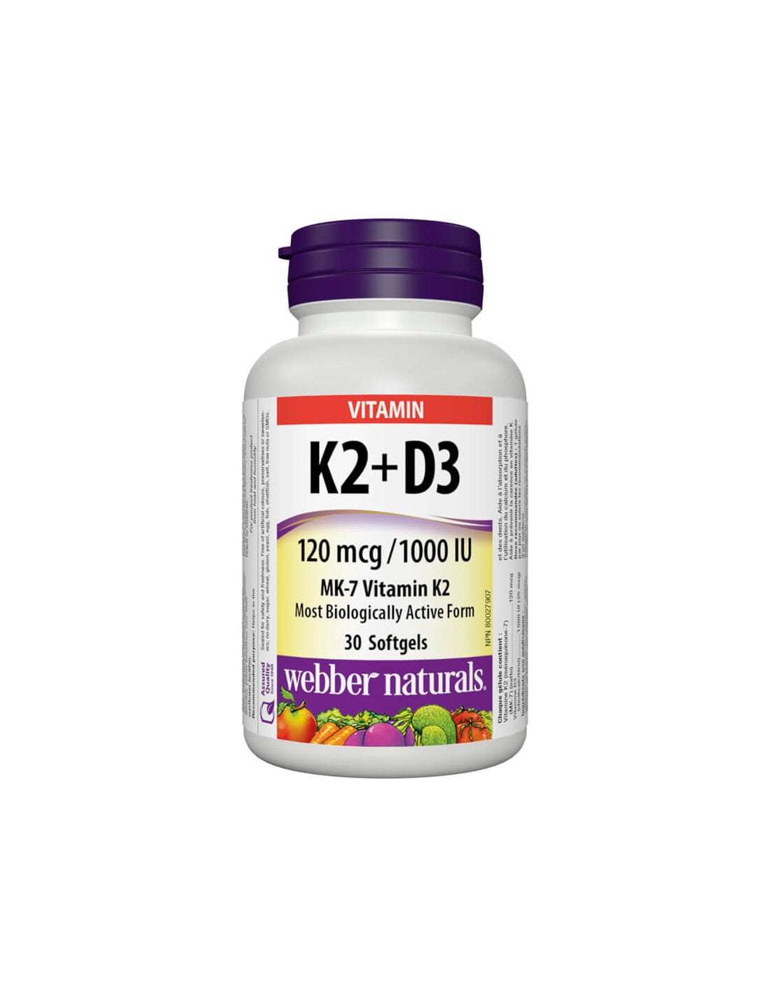 Vitamin K2 + D3 / Vitamin K2 120 µg + D3 1000 IU, 30 mehkih kapsul <tc>Webber Naturals</tc>