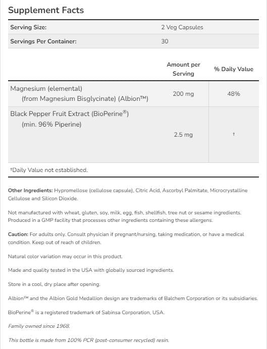 Magnezijev glicinat z bioperinom® - 180 kapsul