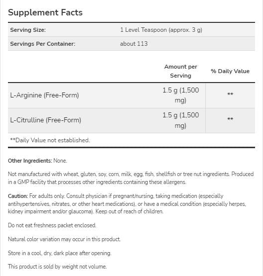 Arginin & Citrulline v prahu | Razmerje 1: 1 - 340 gramov