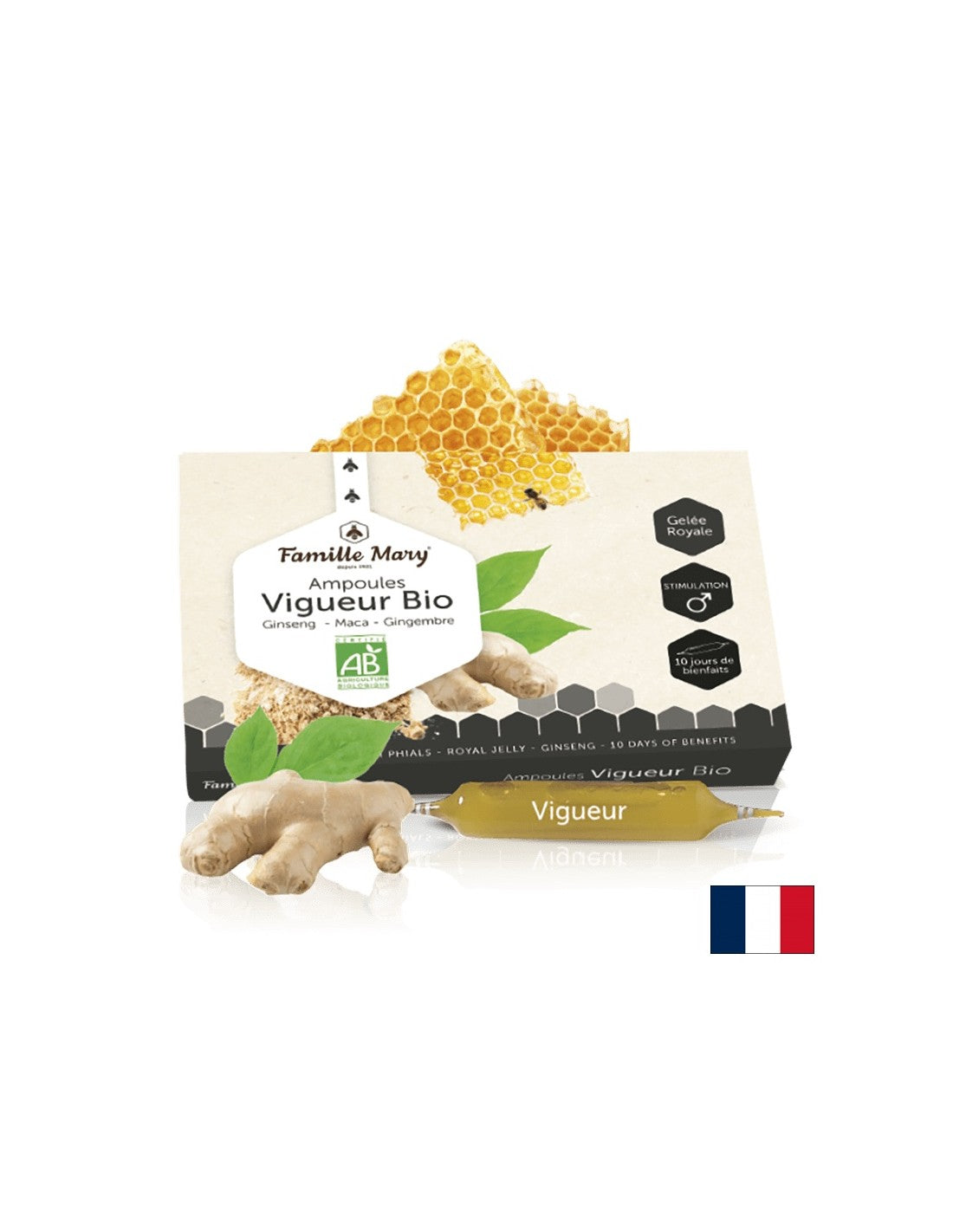 Ampoules Vigueur Bio Ginseng, Maca, Gingembre + Gelée Royale / Formula za vitalnost in moško moč, 10 Ampoules Famille Mary
