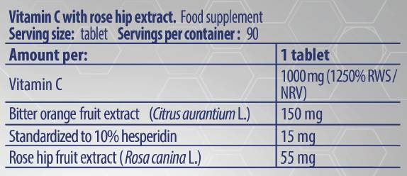 Vitamin C 1000 / z boki z vrtnicami in grenko pomarančo - 90 tablet