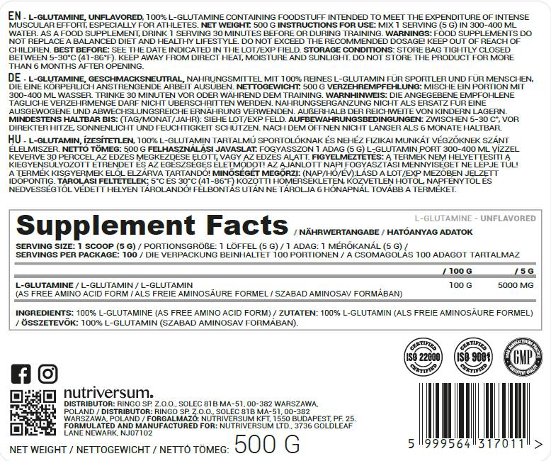 L -glutamin v prahu - 500 gramov