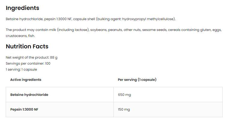 Betaine HCl + pepsin 100 kapsul