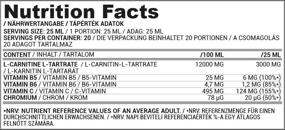 L-karnitin tekočina Shot 3000 | s kromom - 20 x 25 ml