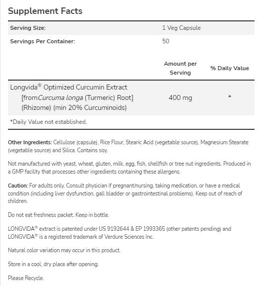 Curcubrain ™ 400 mg | Longvida® Optimizirani kurkumin - 50 kapsul